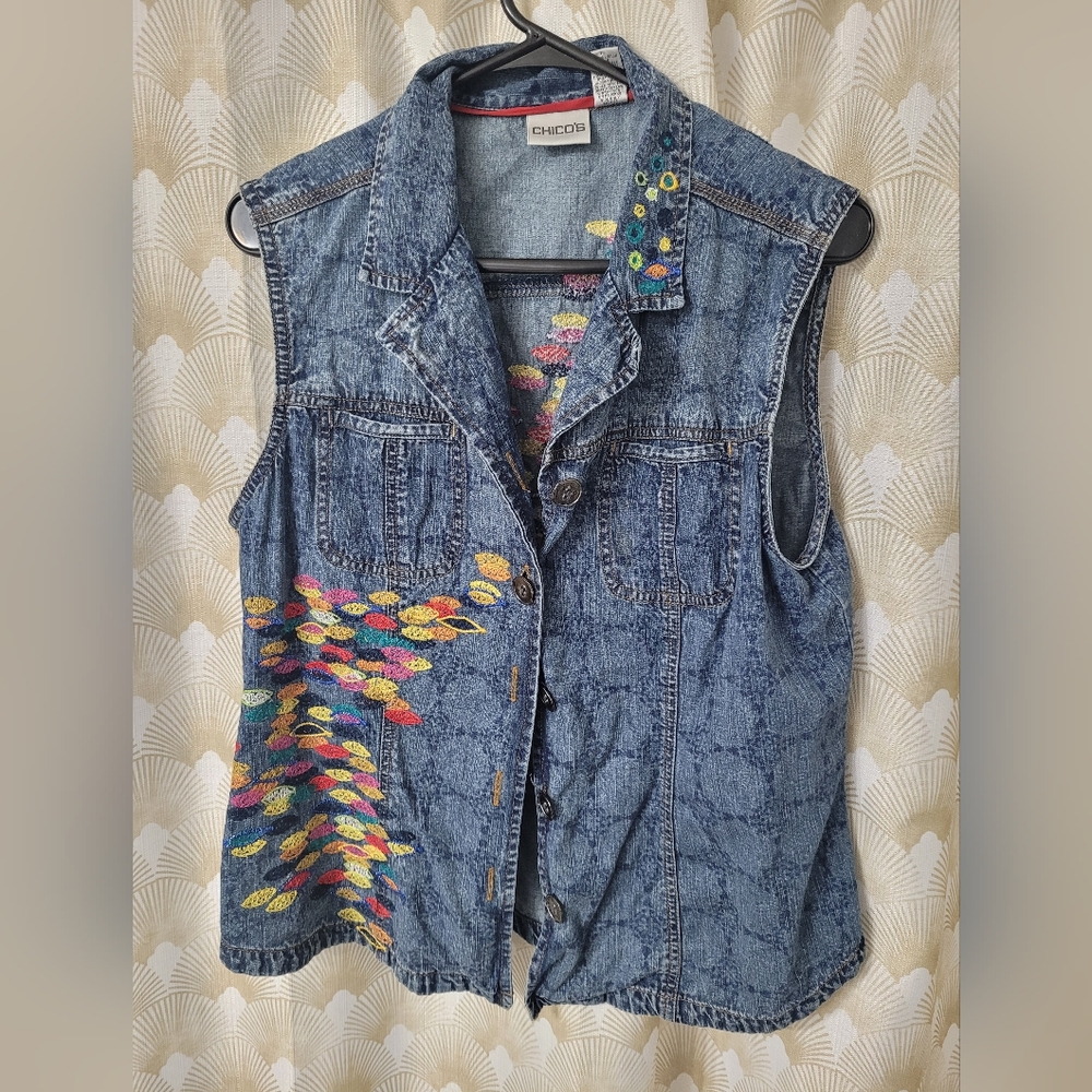 Chico's Denim Vest with Colorful Embroidery